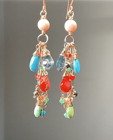 Turquoise Red Coral Rose Gold Long Boho Dangle Earrings
