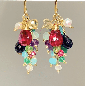 Rainbow Gemstone Cluster Dangle Earrings with Pink Red Topaz Gold Fill