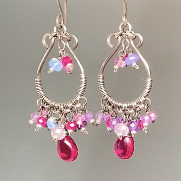 Pink Rubellite, Lavender Gems Oxidized Silver Hoop Chandelier Earrings,