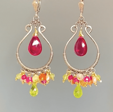 Pink Rubellite, Peridot, Mixed Metals Oxidized Silver Hoop Chandelier Earrings
