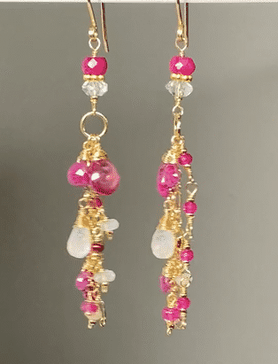Red Ruby, Pink Sapphire Long Boho Dangle Earrings in Gold Fill with Moonstone