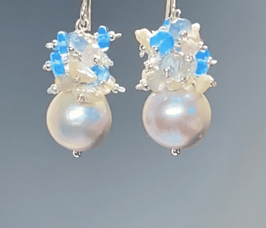 Silver Pearl Cluster Earrings with Blue Opal, Keishi Pearls, Aquamarine in Sterling Silver