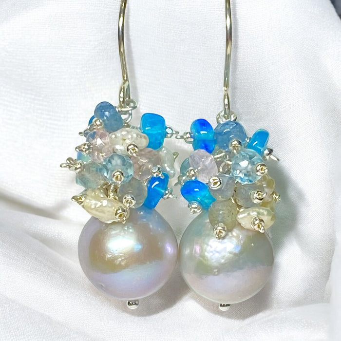 Silver Pearl Cluster Earrings with Blue Opal, Keishi Pearls, Aquamarine in Sterling Silver