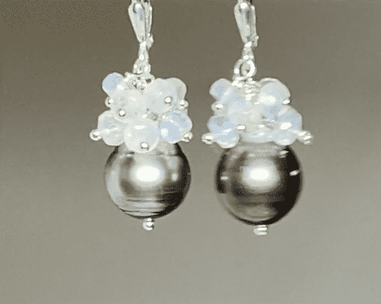 Tahitian Pearl Moonstone Cluster Earrings Sterling Silver