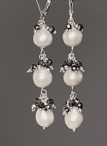 Pearl and Black Terahertz Long Dangle Earrings Sterling Silver