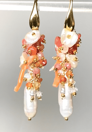 White Biwa Pearl and Coral, Hot Pink Gem Cluster Earrings Gold Fill