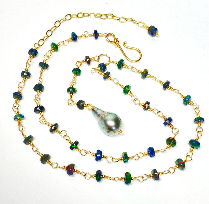Tahitian Pearl, Black Ethiopian Opal Wire Wrap Y Necklace, Gold Fill