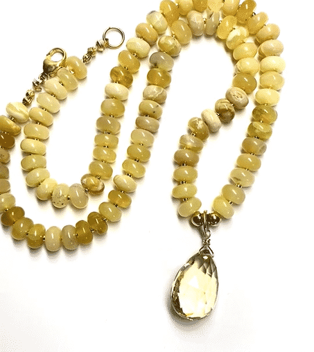 Lemon Quartz Gemstone Pendant on Yellow Opal Knotted Necklace, Gold Fill