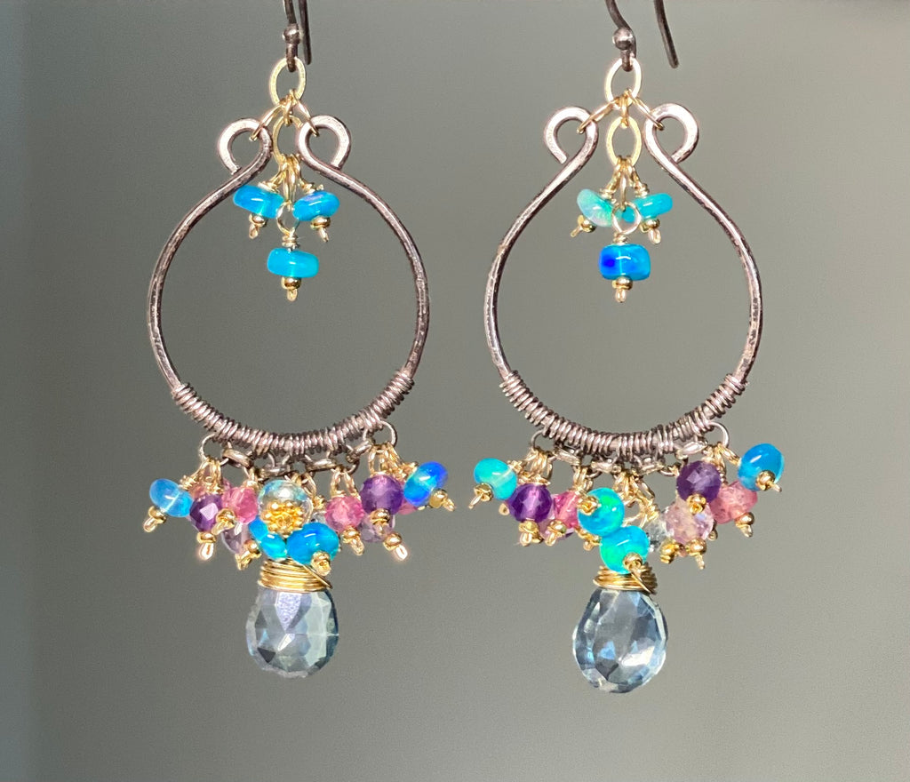 Oxidized Silver Hoop Chandelier Earrings, Aqua Opal, Pink Sapphire, Mixed Metals 1