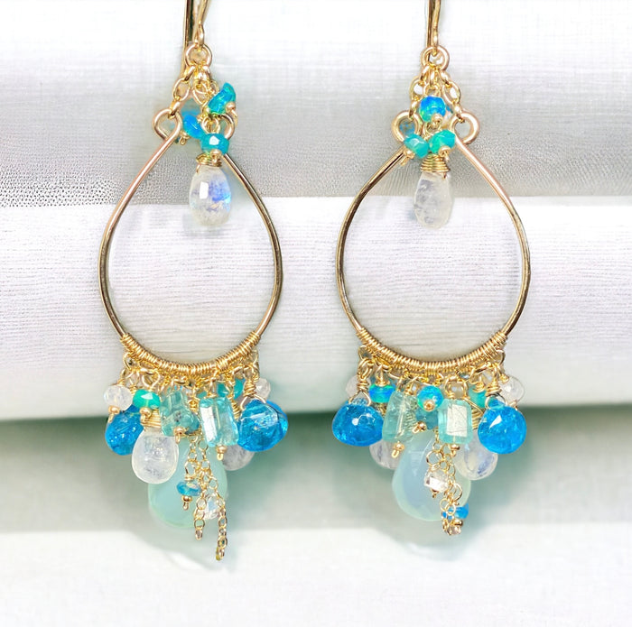 Aqua and Moonstone Statement Hoop Chandelier Earrings Gold