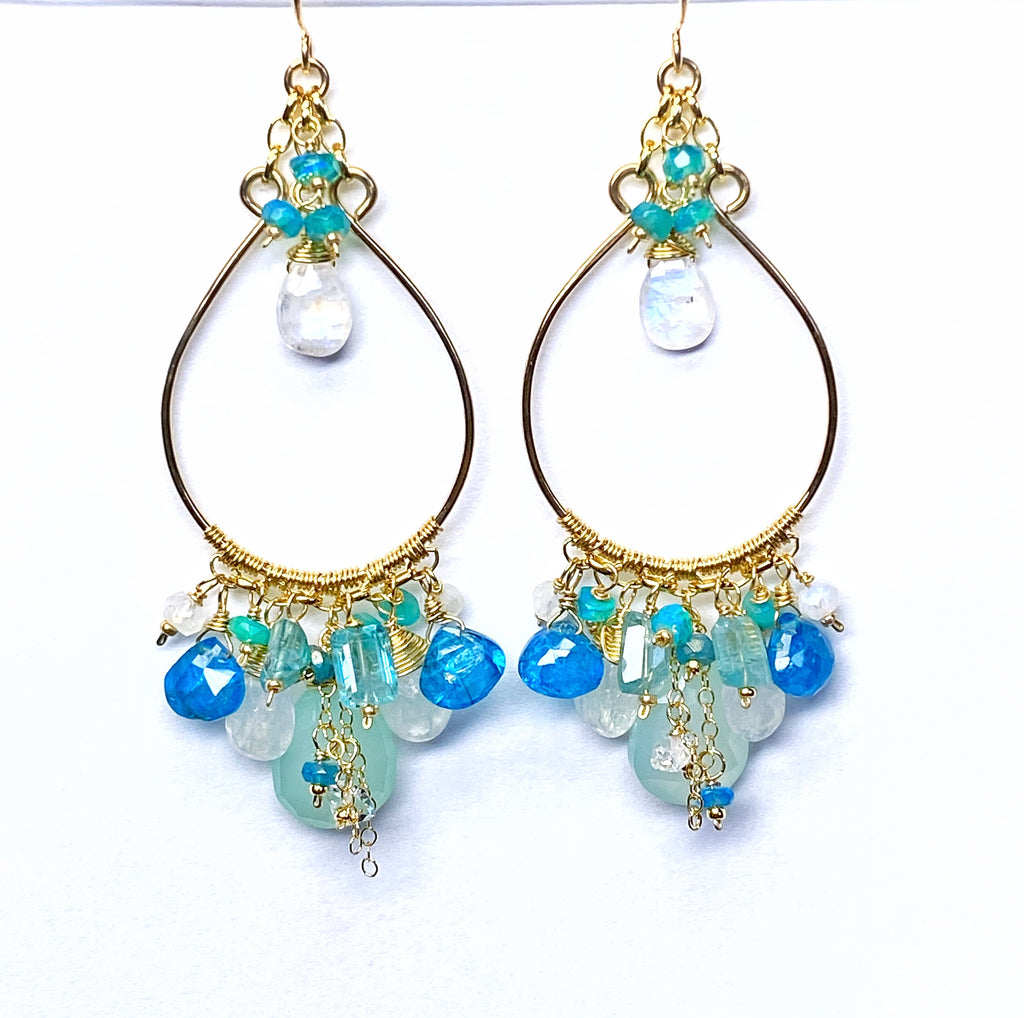 Aqua and Moonstone Statement Hoop Chandelier Earrings Gold