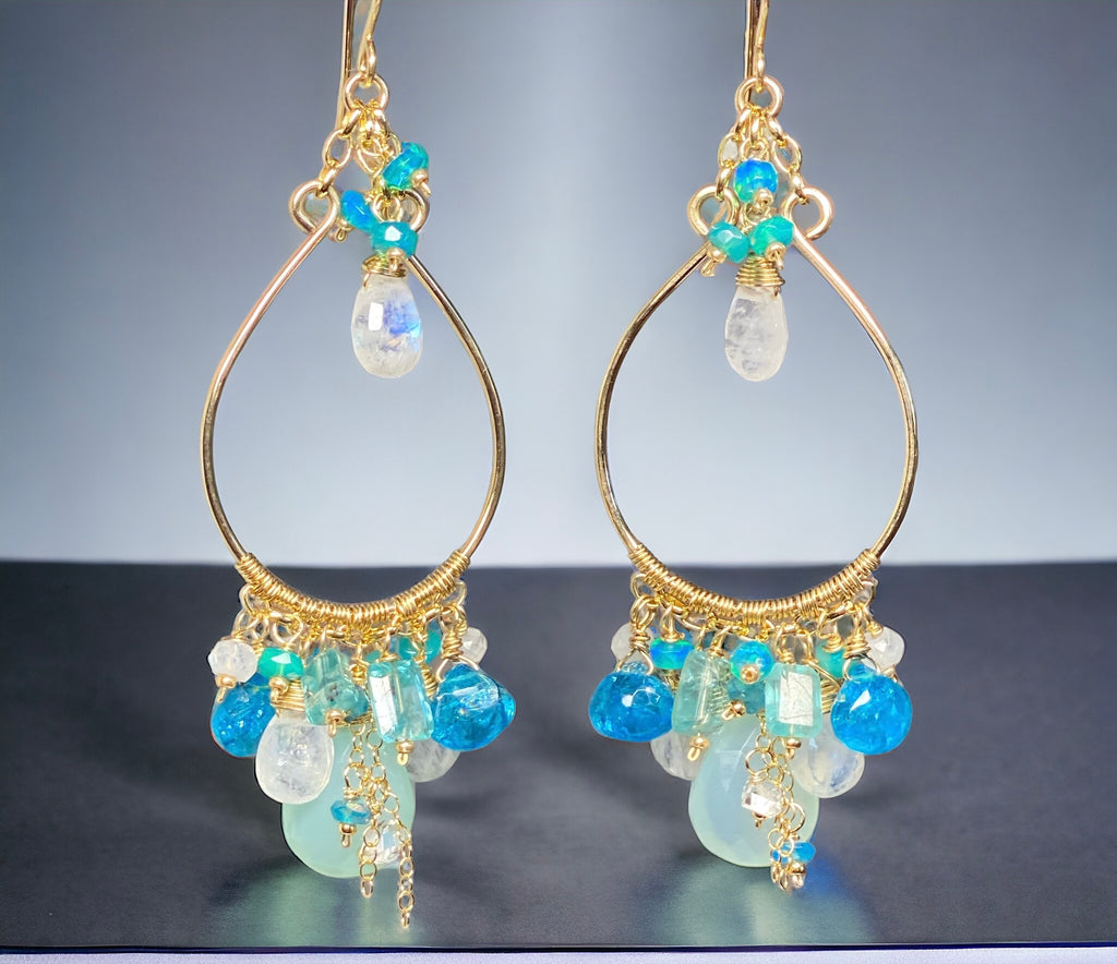 Aqua and Moonstone Statement Hoop Chandelier Earrings Gold