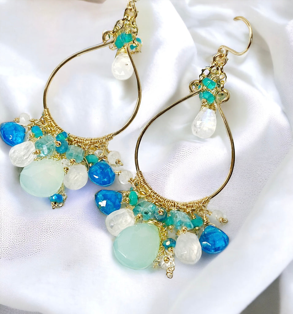 Aqua and Moonstone Statement Hoop Chandelier Earrings Gold