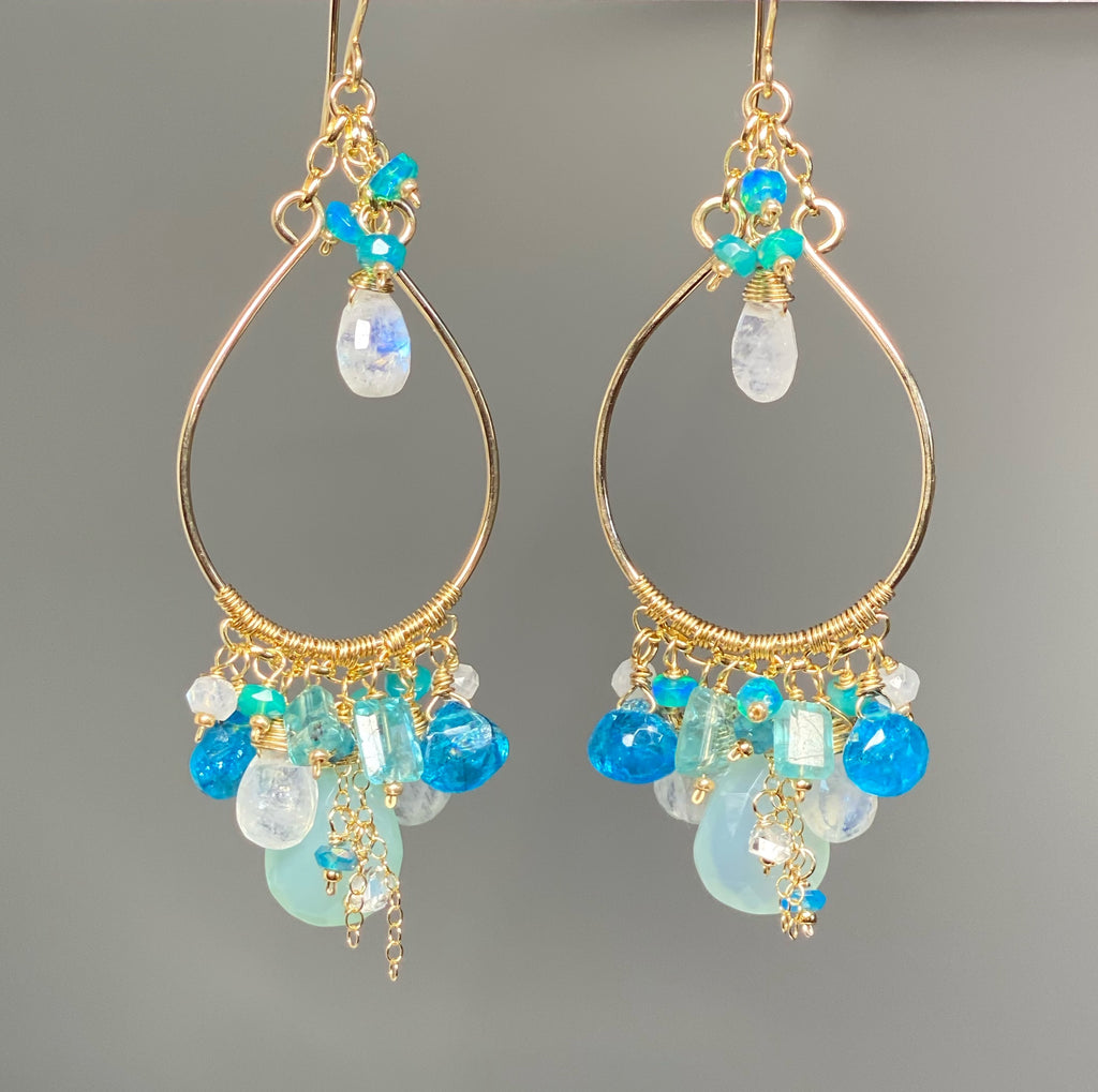 Aqua and Moonstone Statement Hoop Chandelier Earrings Gold