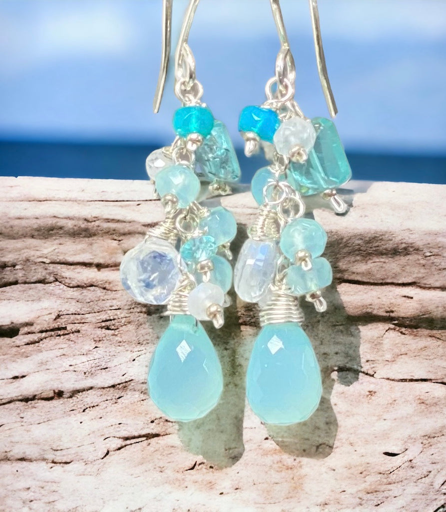 Aqua Chalcedony, Moonstone and Sterling Silver Dangle Earrings