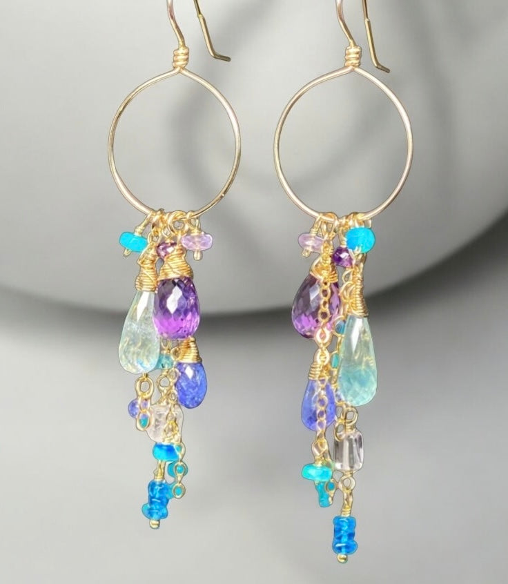 Amethyst Aquamarine Tanzanite Gold Dangle Gold Fill Hoop Earrings
