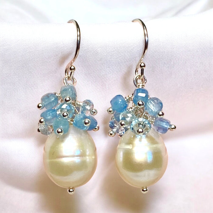 Pearl Cluster Earrings with Blue Aquamarine, Blue Topaz, Gold Fill or Sterling Silver