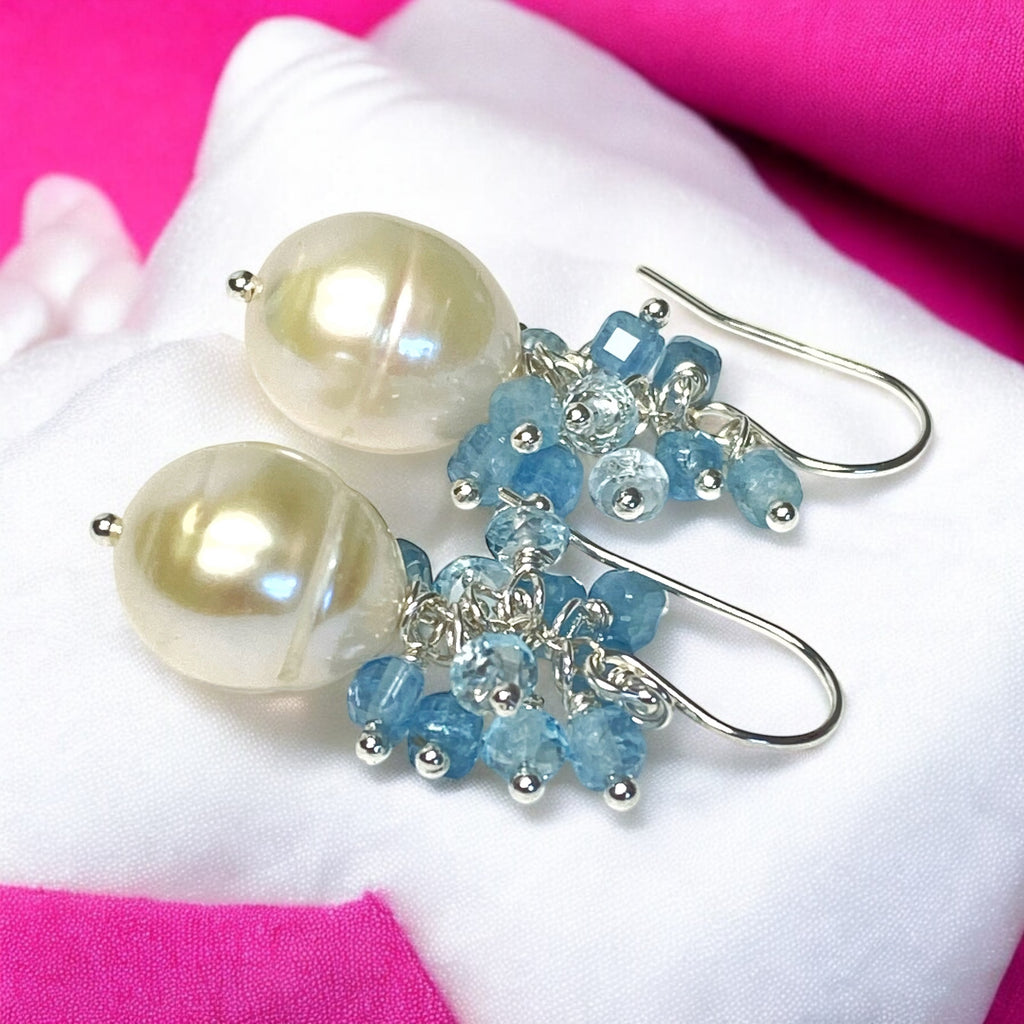 Pearl Cluster Earrings with Blue Aquamarine, Blue Topaz, Gold Fill or Sterling Silver