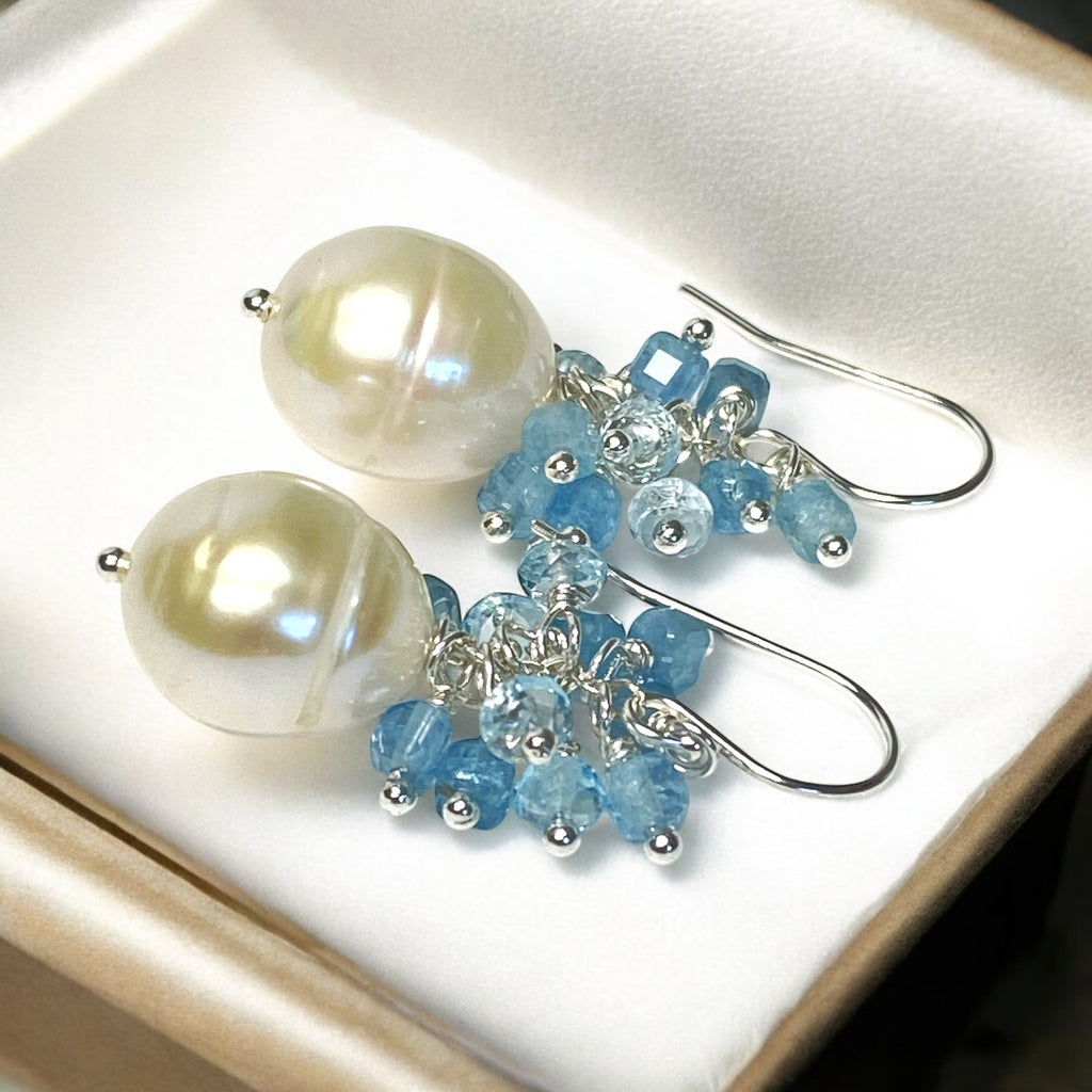 Pearl Cluster Earrings with Blue Aquamarine, Blue Topaz, Gold Fill or Sterling Silver