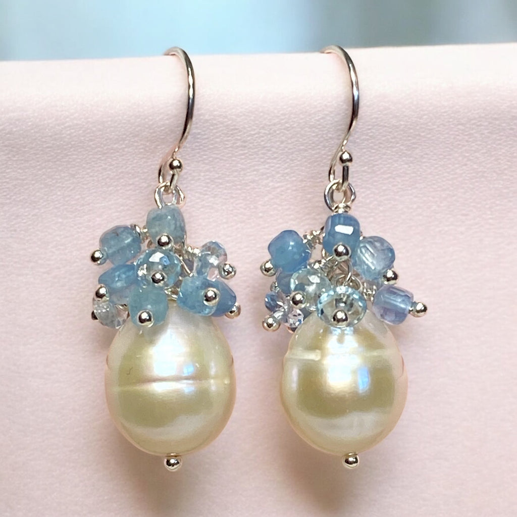 Pearl Cluster Earrings with Blue Aquamarine, Blue Topaz, Gold Fill or Sterling Silver