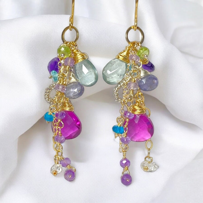 Gemstone Dangle Earrings - Moss Aquamarine, Amethyst, Violet Quartz