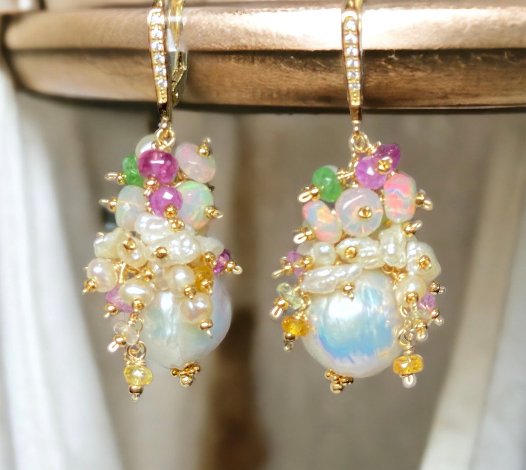 Baroque Edison Pearl and Opal Statement Earrings with Sapphire, Tsavorite