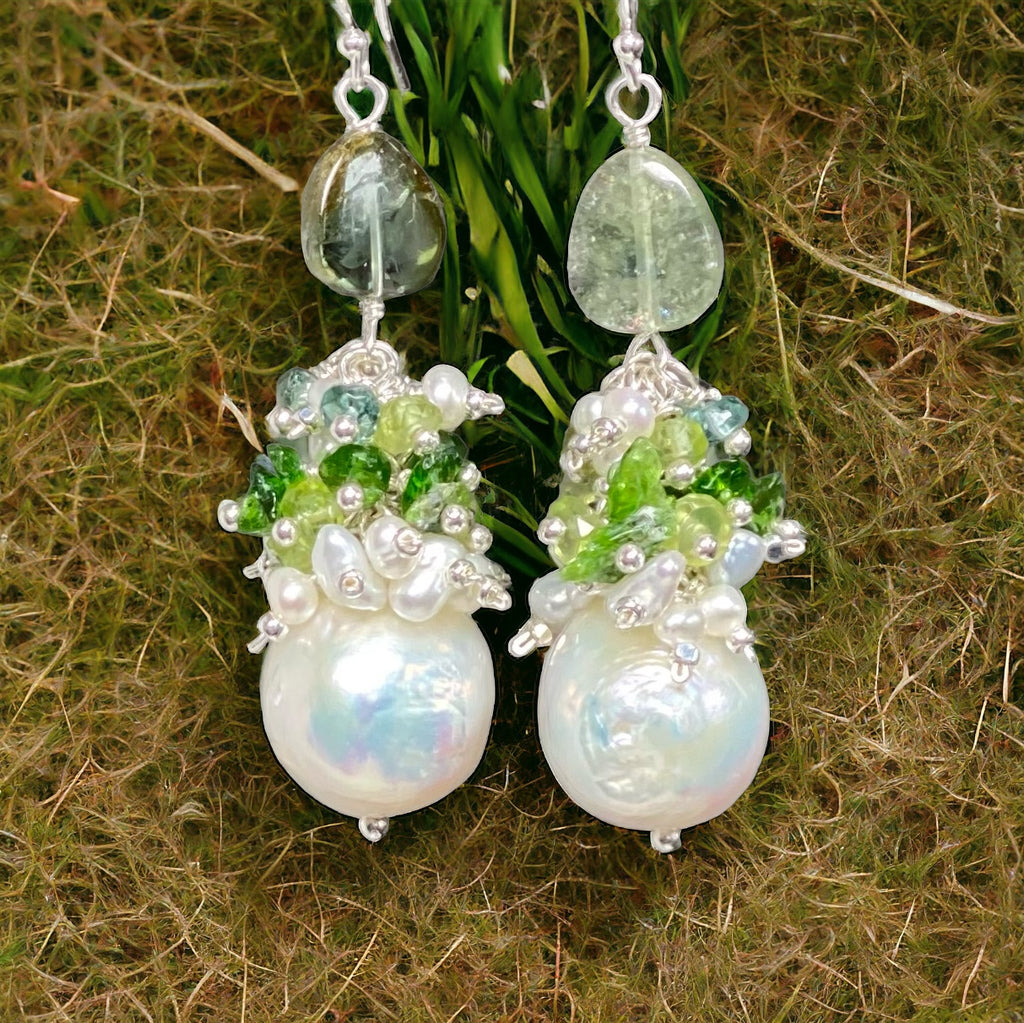 Baroque Edison Pearl and Green Gemstone and Tourmaline Cluster Earrings