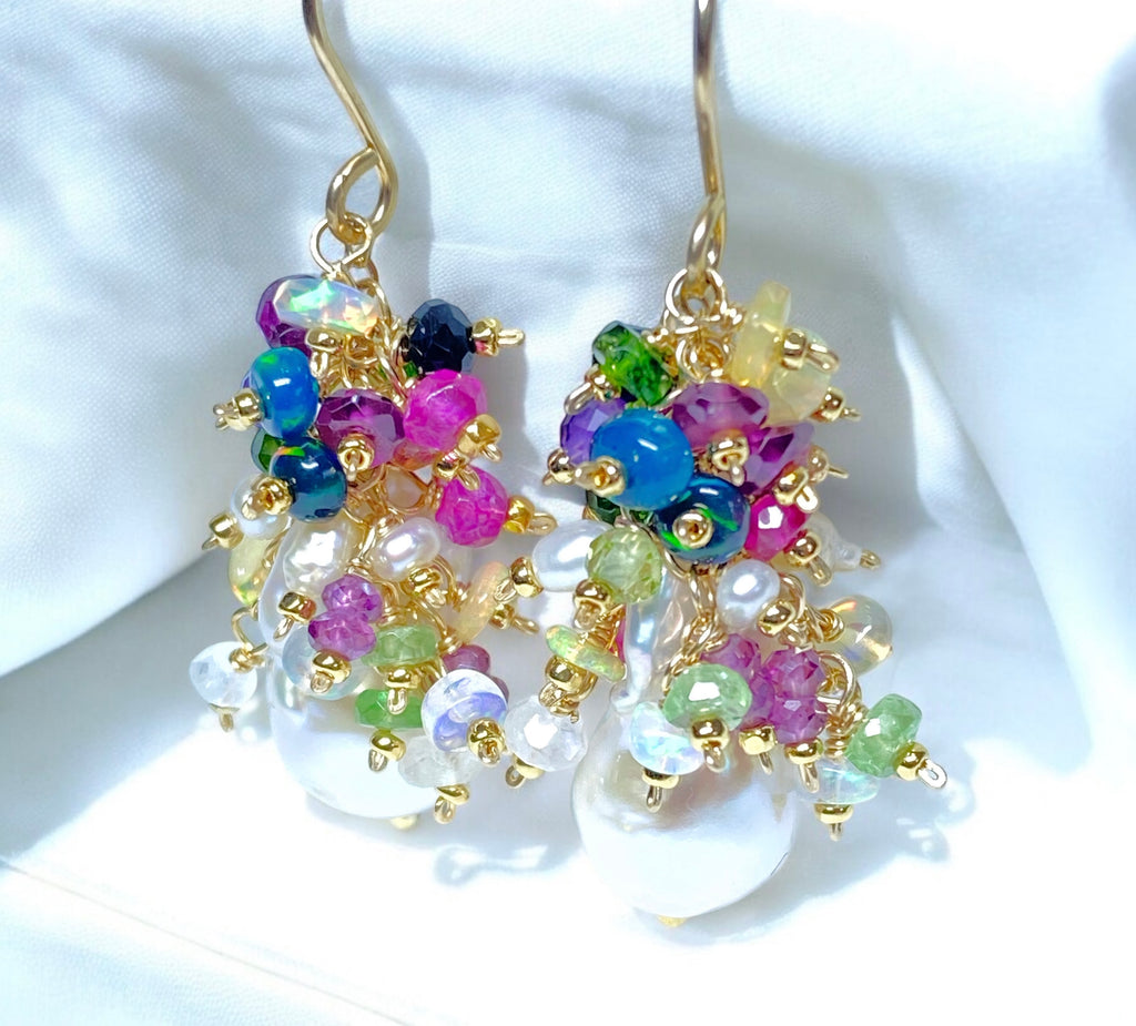 Opal Cluster Baroque Flameball Pearl Earrings Multi-color Gemstone 4