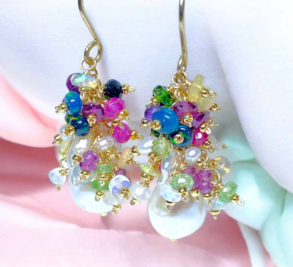 Opal Cluster Baroque Flameball Pearl Earrings Multi-color Gemstone 4
