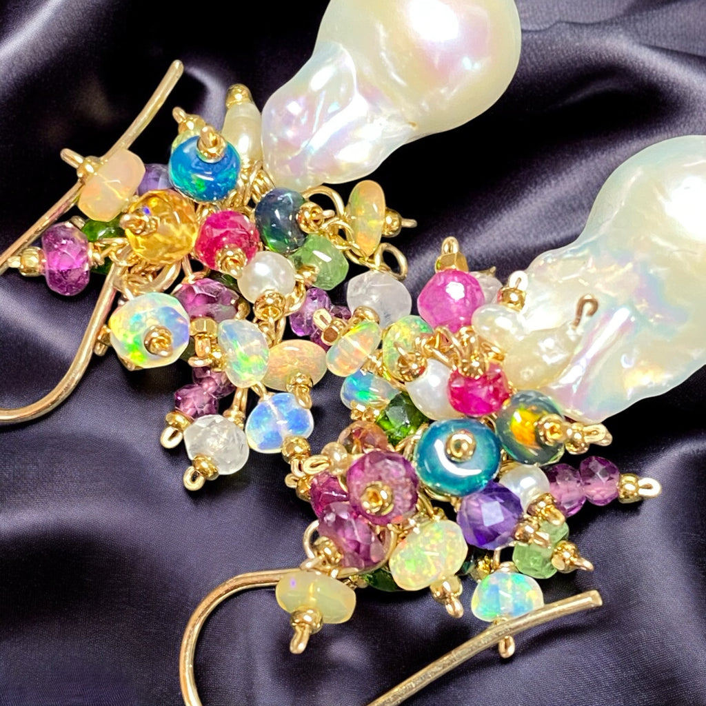 Opal Cluster Baroque Flameball Pearl Earrings Multi-color Gemstone 4