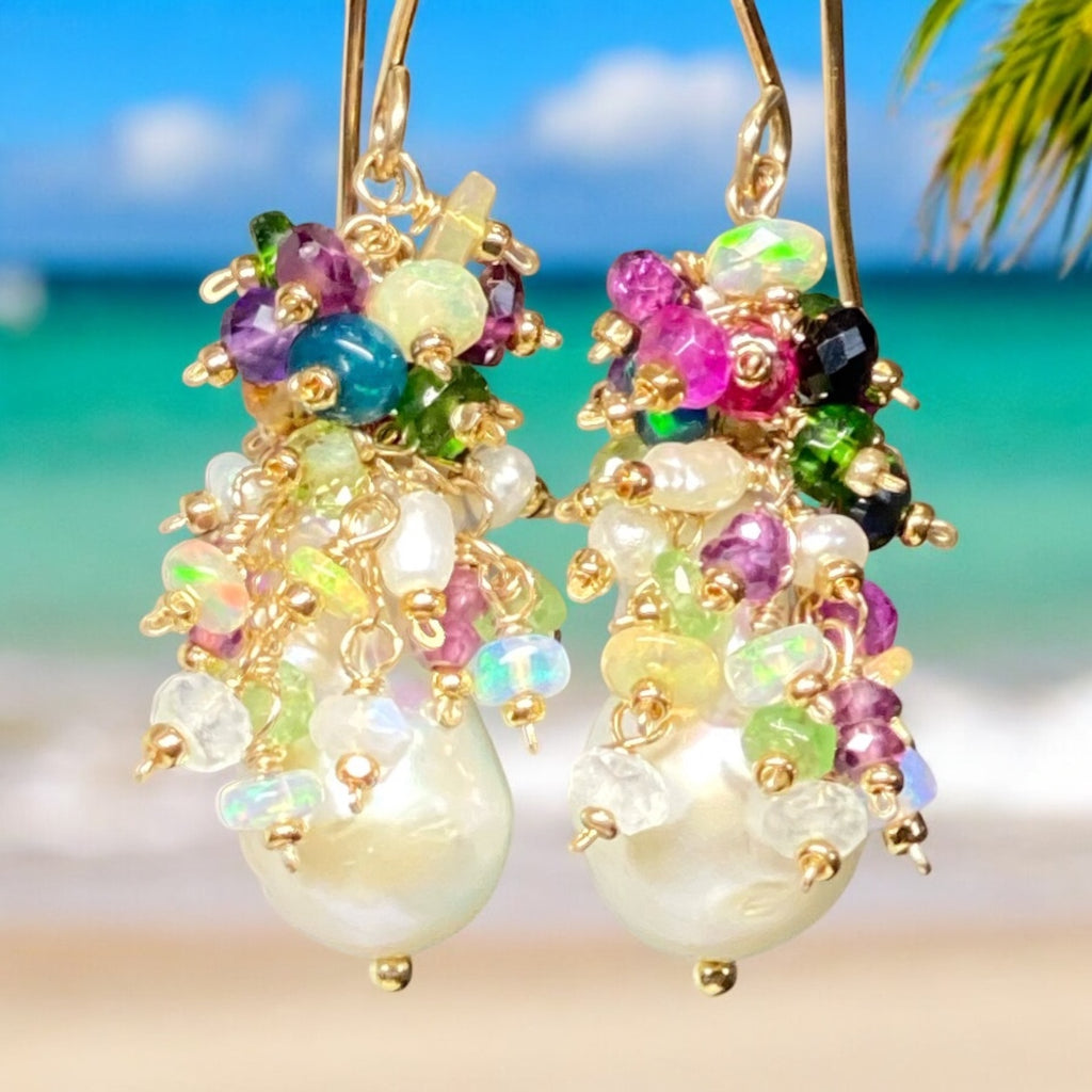 Opal Cluster Baroque Flameball Pearl Earrings Multi-color Gemstone 4