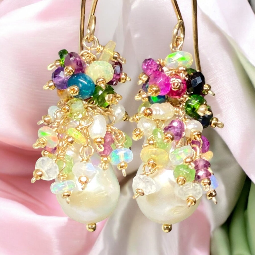 Opal Cluster Baroque Flameball Pearl Earrings Multi-color Gemstone 4
