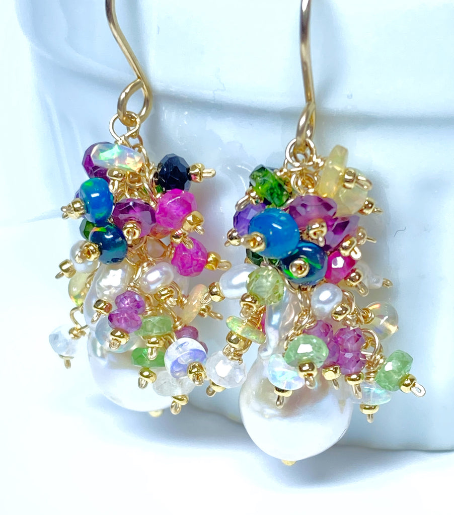 Opal Cluster Baroque Flameball Pearl Earrings Multi-color Gemstone 4
