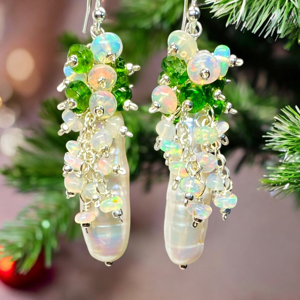 White Biwa Pearl with Chrome Diopside, Opal Clusters, Sterling Silver
