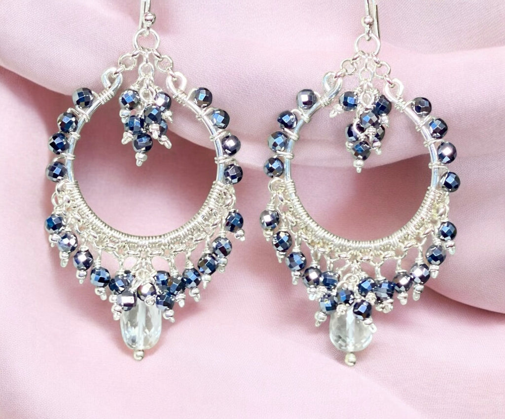 Black Gemstone Chandelier Hoop Earrings Sterling Silver 2