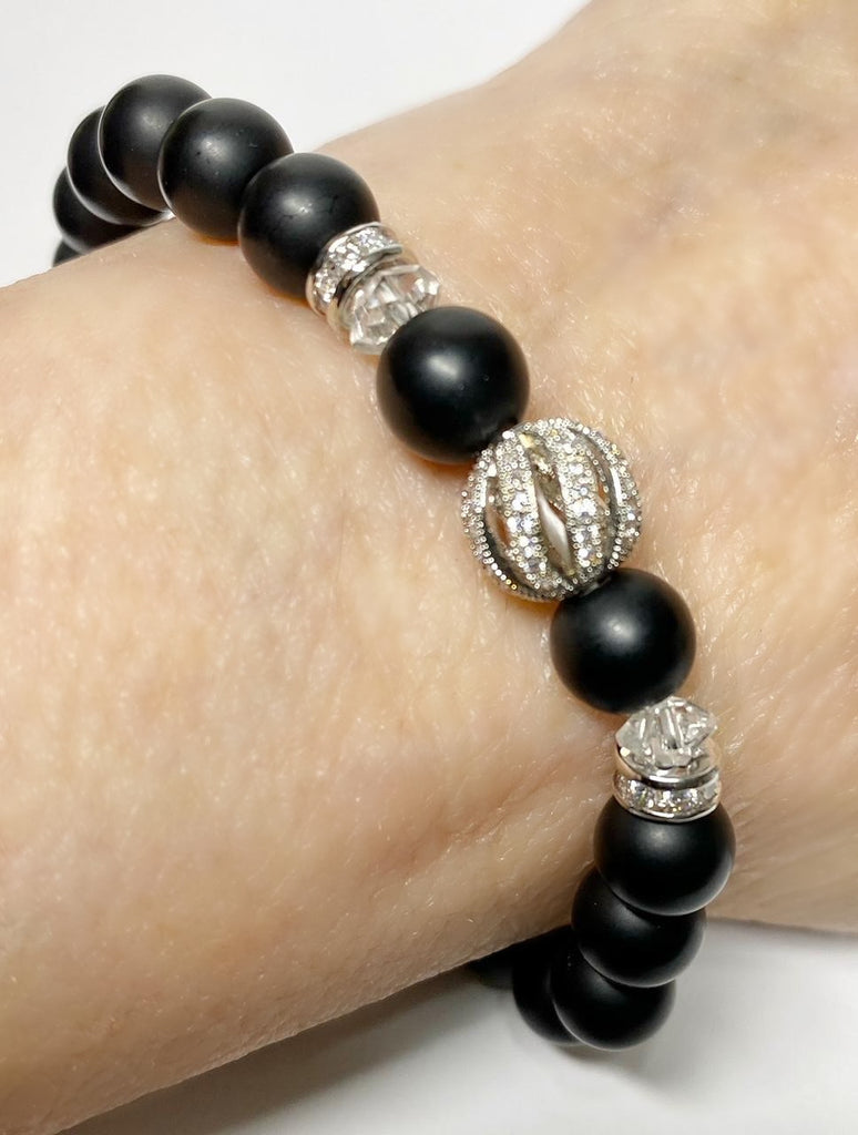Black Onyx Stretch Bracelet with Crystal Quartz and Silver Pave CZ