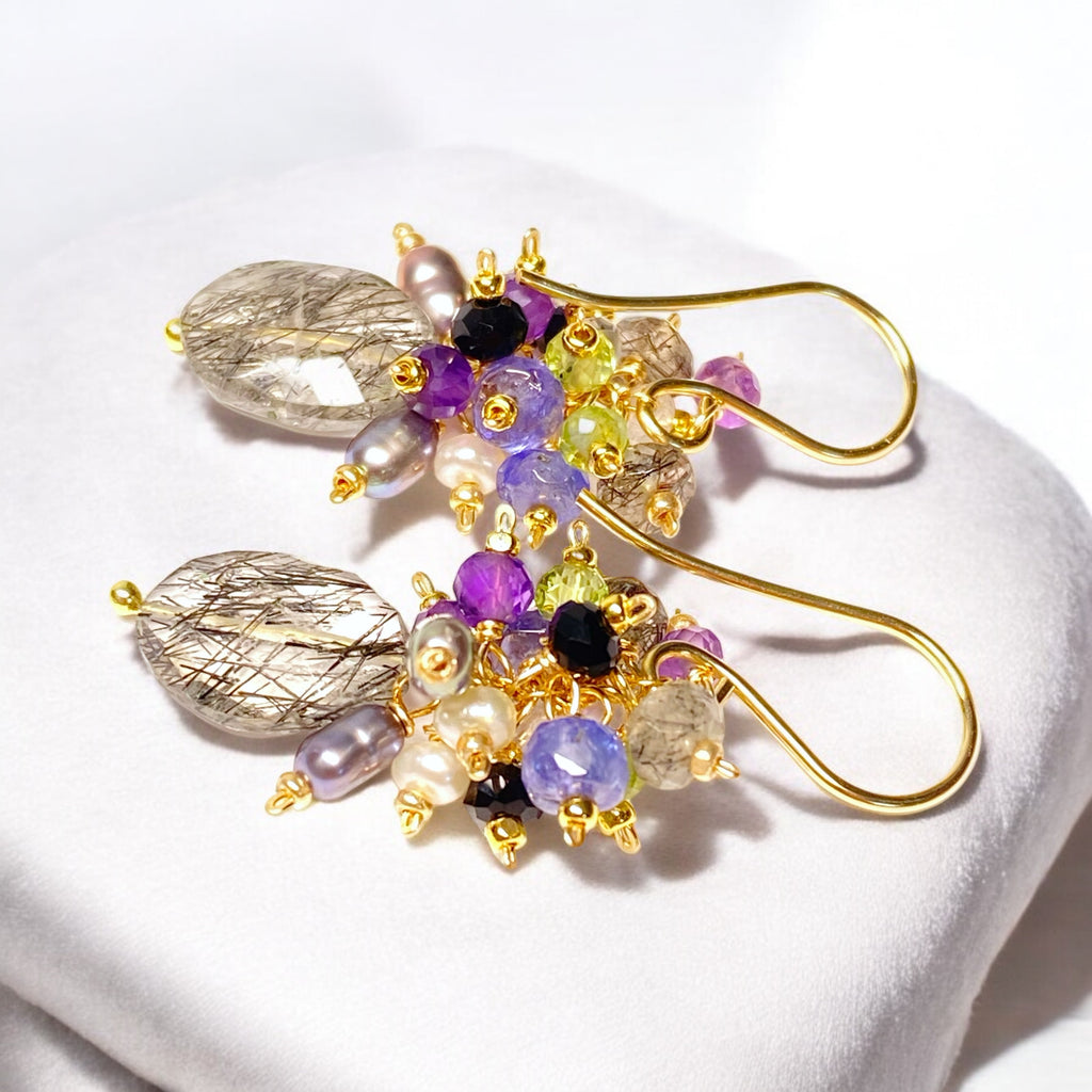 Black Rutilated Quartz Tanzanite Peridot Amethyst Cluster Earrings 2