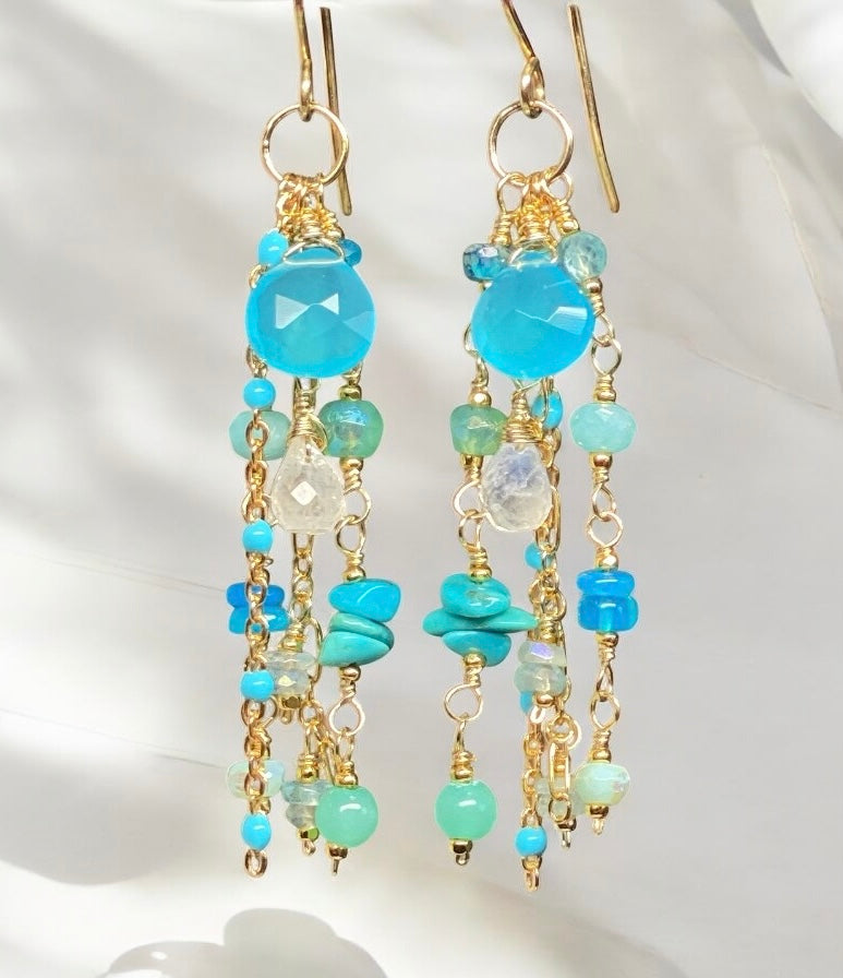 Blue, Aqua, Turquoise Gem Dangle Earrings, Gold Fill