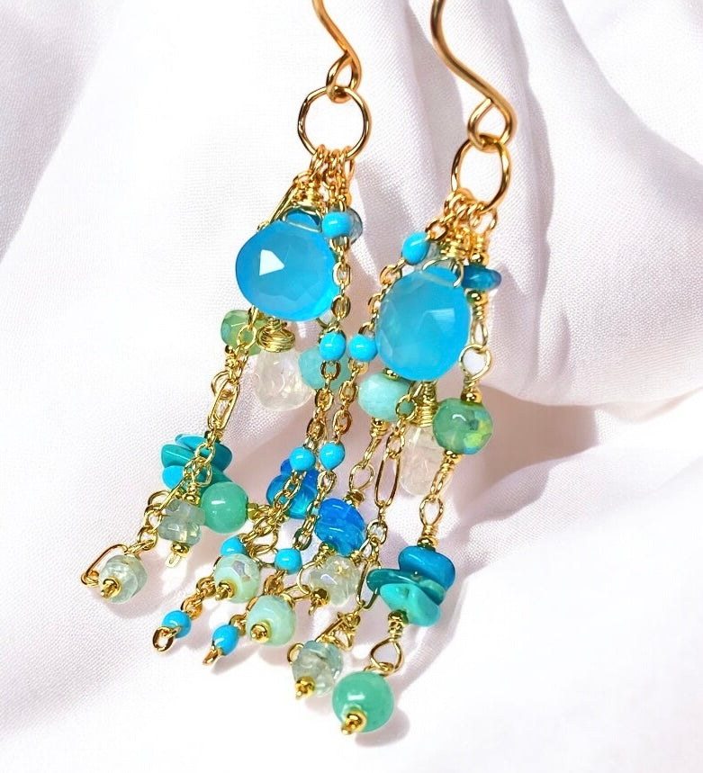 Blue, Aqua, Turquoise Gem Dangle Earrings, Gold Fill