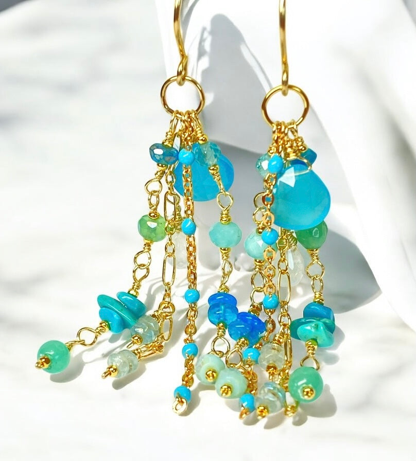 Blue, Aqua, Turquoise Gem Dangle Earrings, Gold Fill