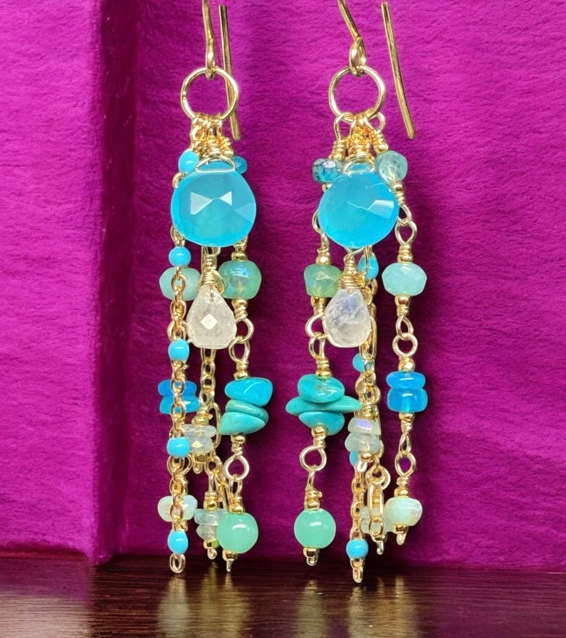 Blue, Aqua, Turquoise Gem Dangle Earrings, Gold Fill