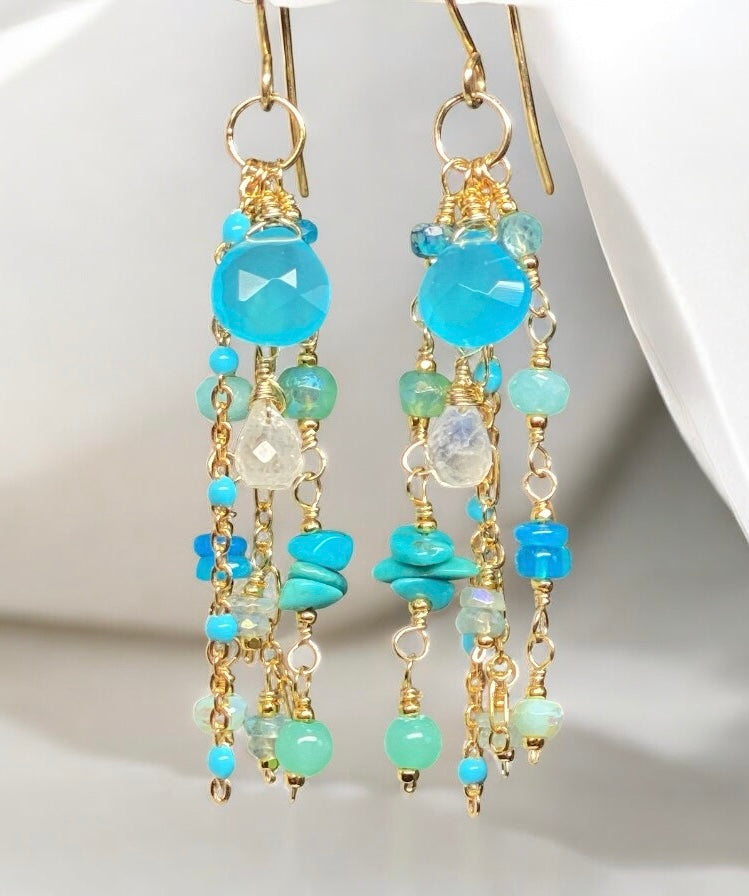 Blue, Aqua, Turquoise Gem Dangle Earrings, Gold Fill