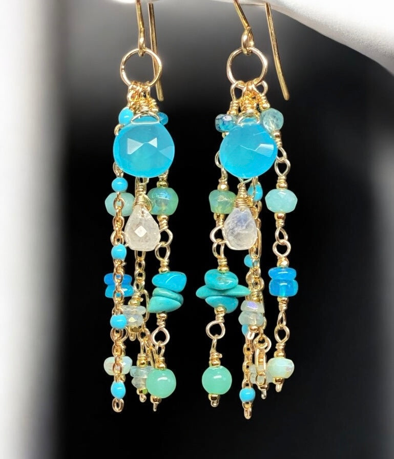 Blue, Aqua, Turquoise Gem Dangle Earrings, Gold Fill