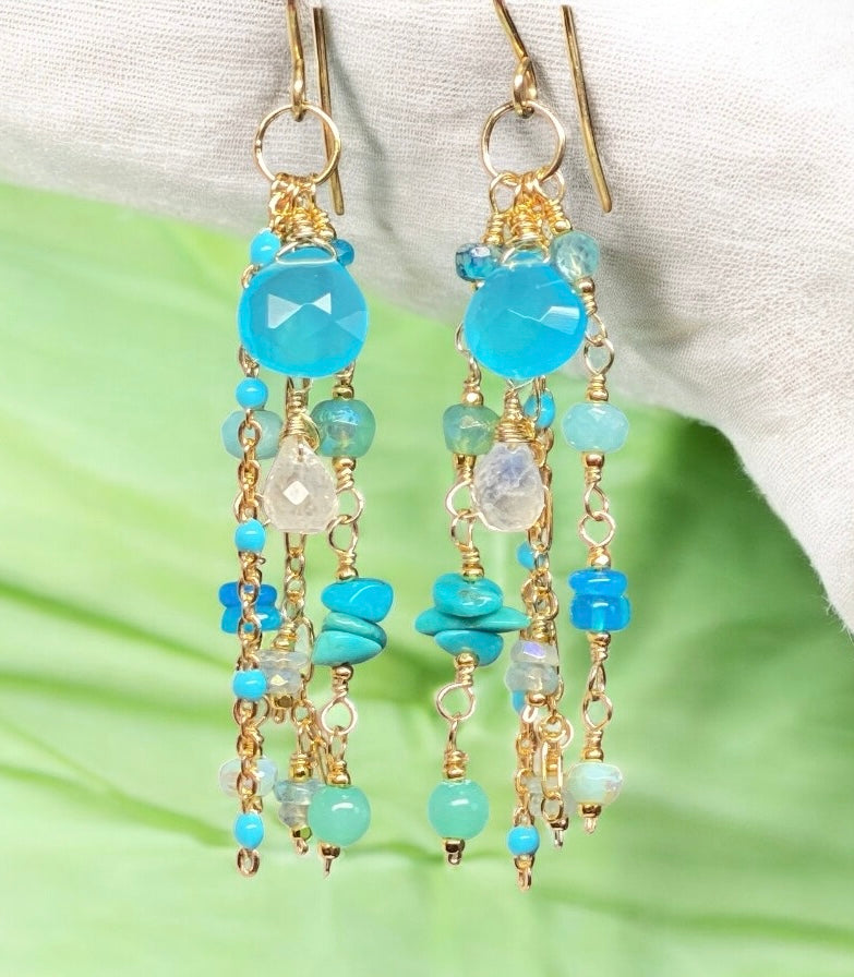 Blue, Aqua, Turquoise Gem Dangle Earrings, Gold Fill