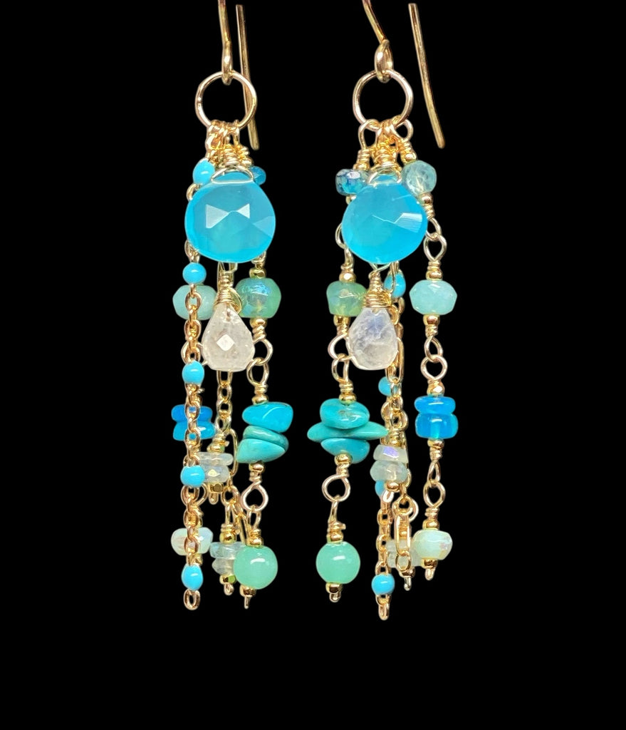 Blue, Aqua, Turquoise Gem Dangle Earrings, Gold Fill