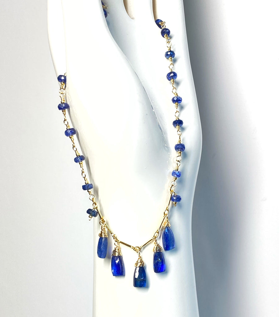 Blue Kyanite Gold Fill Dangle Necklace Rosary Style Wire Wrap
