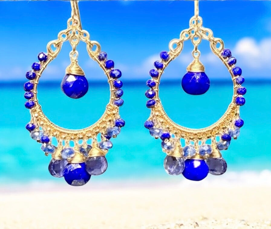Blue Gemstone Gold Hoop Chandelier Earrings Lapis Kyanite Iolite