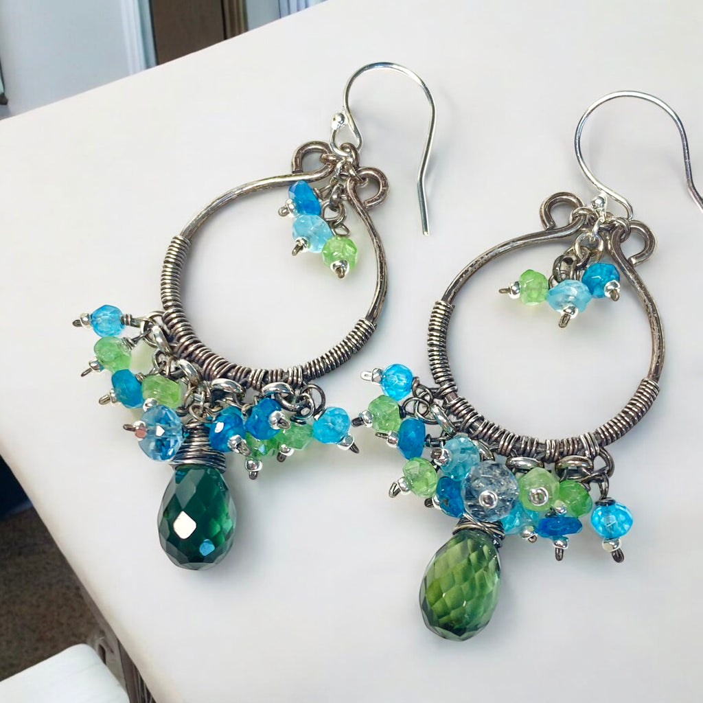 Oxidized Silver Hoop Chandelier Earrings, Aqua, Green Tsavorite, Blue Topaz 2