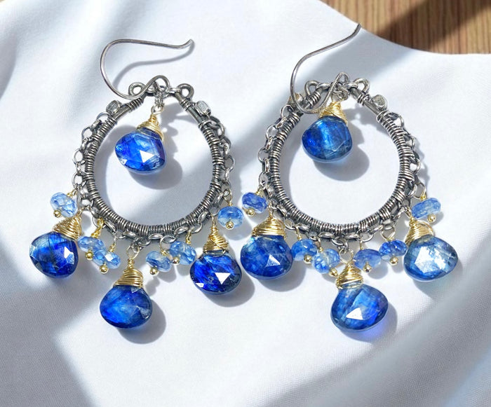 Blue Kyanite Gemstone Mixed Metal Hoop Earrings Gold Fill Oxidized Sterling Silver