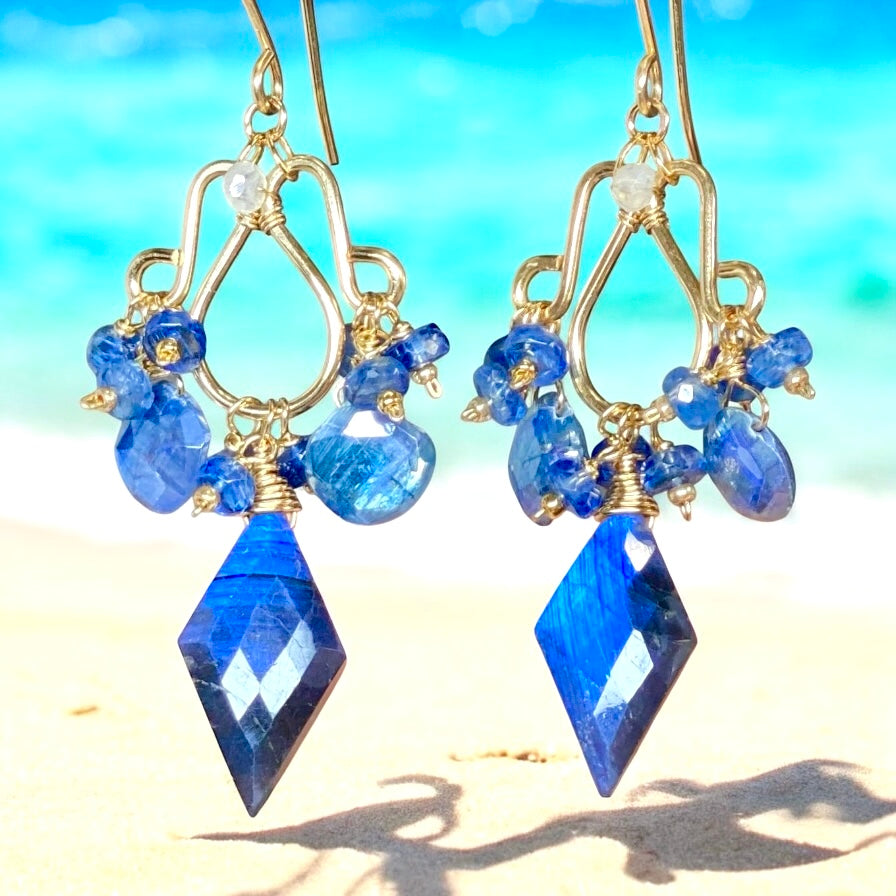 Blue Labradorite, Kyanite Handmade Chandelier Earrings, Gold Fill